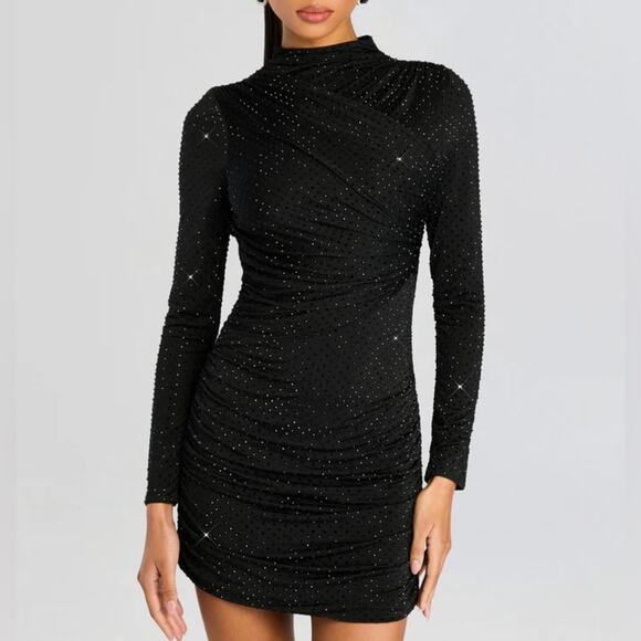 Retrofete Tana Embellished Mock Neck Ruched Long Sleeve Mini Dress Black - Picture 1 of 14